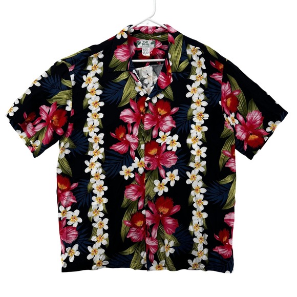 Two Palms Hawaiian Shirt Mens XL Black Rayon Floral Tropical Aloha Made Hawaii - Picture 1 of 6